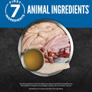 Dish with raw animal ingredients and a small bowl of liquid on a dark background, featuring 'First 7 Ingredients' logo.