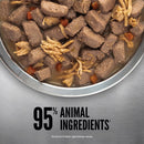 Dog food in a bowl with text indicating '95% animal ingredients' on a metallic background