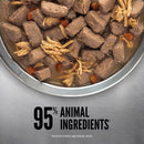 Stainless steel bowl filled with pet food, showing 95% animal ingredients text.
