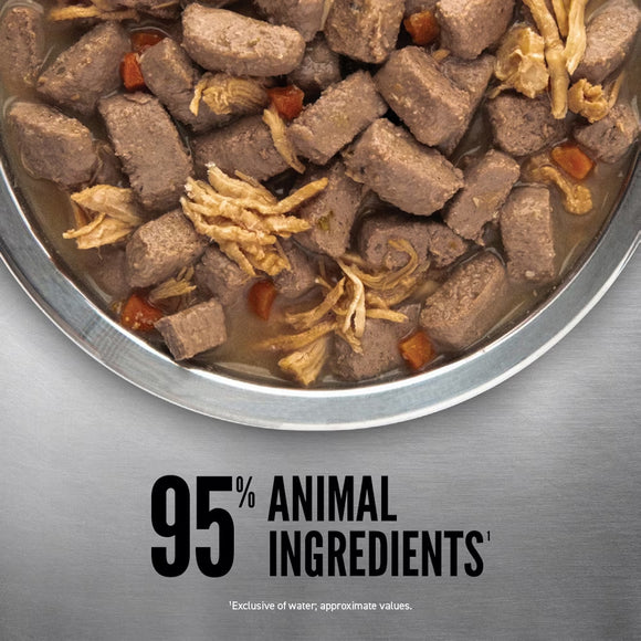 Stainless steel bowl filled with pet food, showing 95% animal ingredients text.
