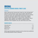 Dog food ingredient list and guaranteed analysis for Original Stew with Shredded Chicken, Turkey & Eggs on a light gray background.