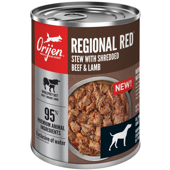 Orijen Regional Red stew with shredded beef & lamb can on a white background