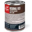 Orijen Regional Red stew can with shredded beef and lamb on a white background