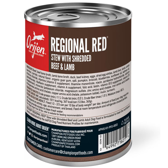 Orijen Regional Red stew can with shredded beef and lamb on a white background