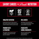 Product label for ORIJEN Savory Shreds with nutritional information on a black background.