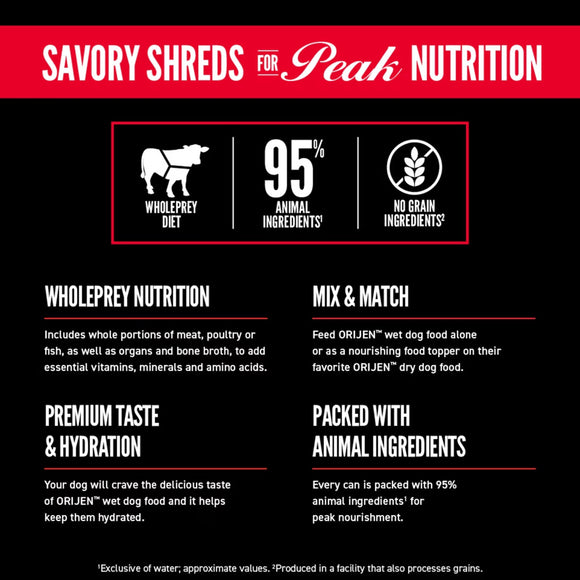 Product label for ORIJEN Savory Shreds with nutritional information on a black background.