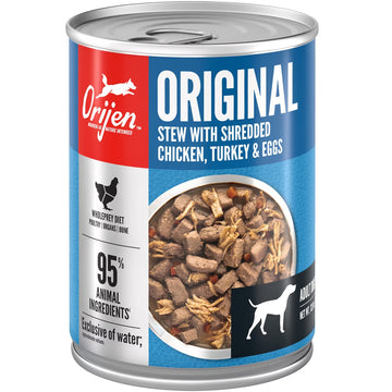 Orijen can of original stew with shredded chicken, turkey & eggs on a white background