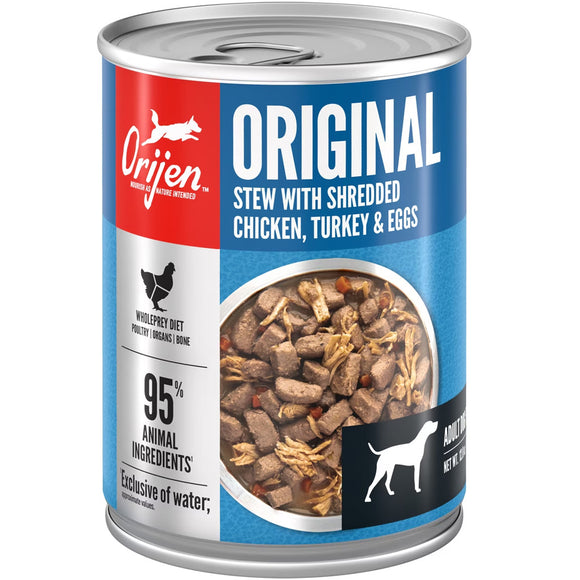 Orijen can of original stew with shredded chicken, turkey & eggs on a white background