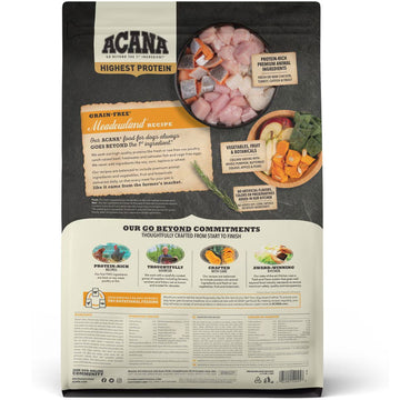 Acana dog food packaging with ingredients and branding on a white background