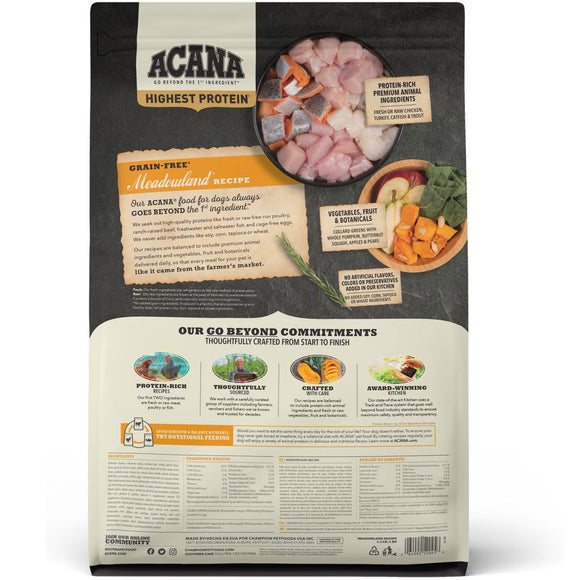 Acana dog food packaging with ingredients and branding on a white background