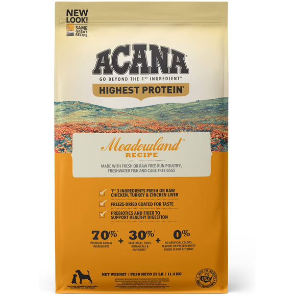 Acana Meadowland Recipe dog food package on a white background