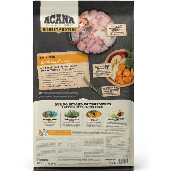 Back view of Acana dog food packaging with text and images of ingredients.