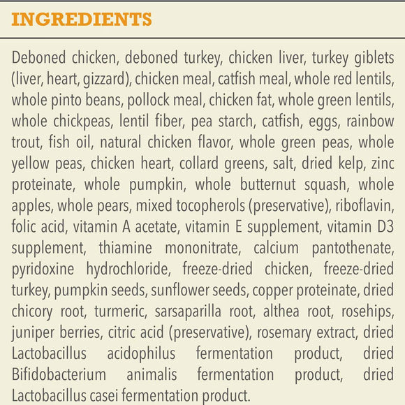 List of ingredients for a pet food product on a beige background