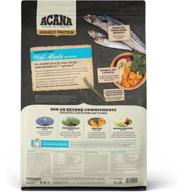 Back view of an Acana pet food package with text and images of fish and vegetables.