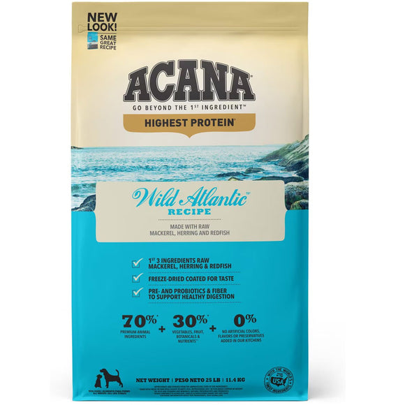 Acana Wild Atlantic Recipe dog food package with oceanic design