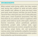 List of ingredients for a pet food product on a beige background