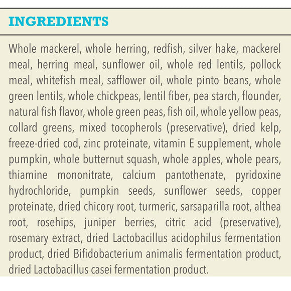 List of ingredients for a pet food product on a beige background