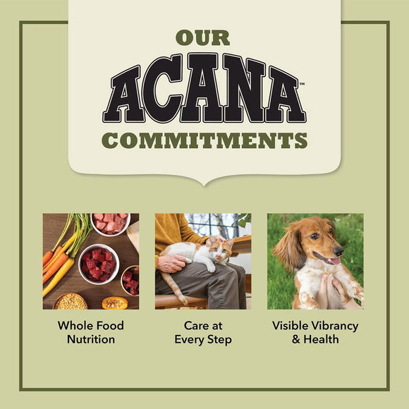 Acana brand commitments with images of food, a person with a dog, and a dog on a green background