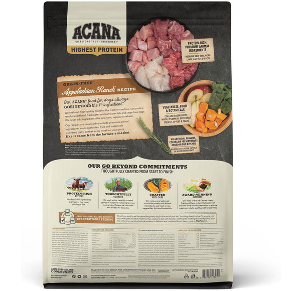 Acana dog food package with ingredients and branding details on a white background