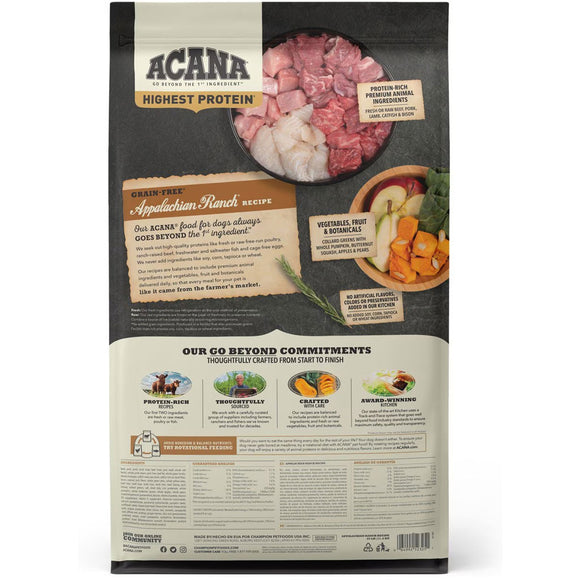 Acana dog food package with ingredients and branding details on a white background