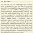 List of ingredients for a pet food product on a beige background