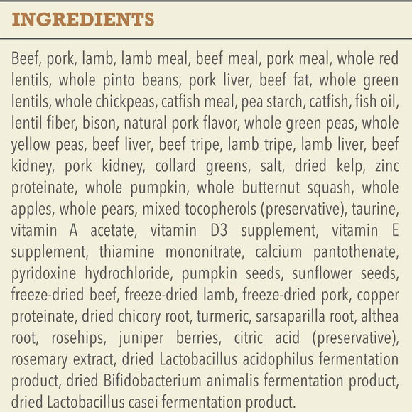 List of ingredients for a pet food product on a beige background