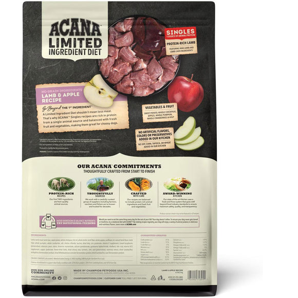 Acana Limited Ingredient Diet dog food package with ingredients and brand information.