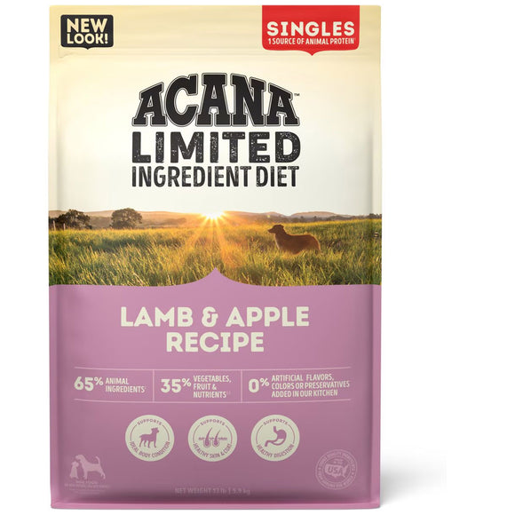 Acana Limited Ingredient Diet lamb & apple recipe dog food packaging with a scenic background.