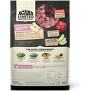 Acana Limited Ingredient Diet dog food package with text and images of ingredients on a white background