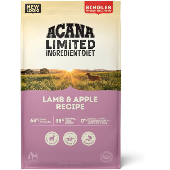 Acana Limited Ingredient Diet lamb & apple recipe dog food package on a white background