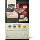 Acana Limited Ingredient Diet dog food package with ingredients and brand information.