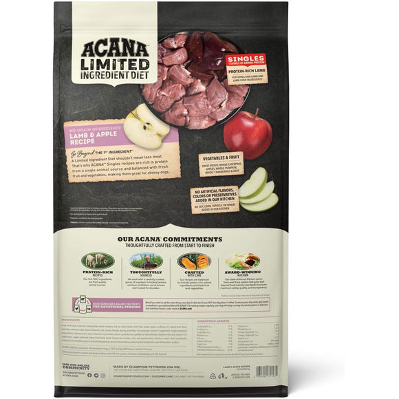 Acana Limited Ingredient Diet dog food package with ingredients and brand information.