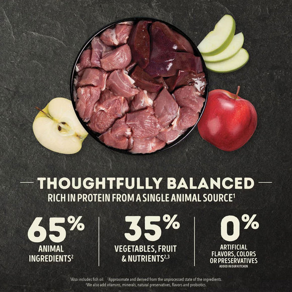 Raw meat in a bowl with apples on a dark background, featuring nutritional information.