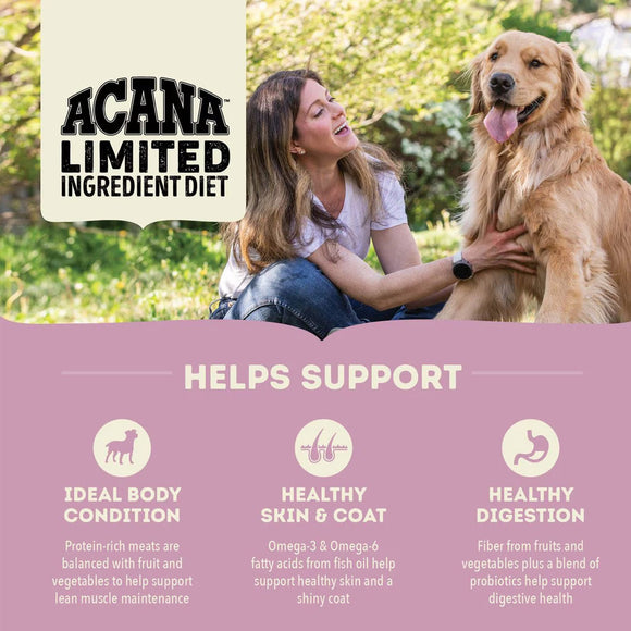 Woman petting a dog with Acana Limited Ingredient Diet branding and health benefits text.
