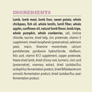List of ingredients for a pet food product on a beige background