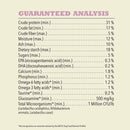 Nutritional analysis chart for a pet food product on a beige background