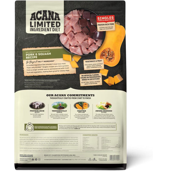 Acana Limited Ingredient Diet dog food package with pork and squash ingredients on a white background