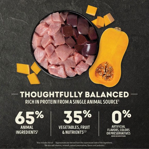 Dietary product with animal ingredients and vegetables on a dark background