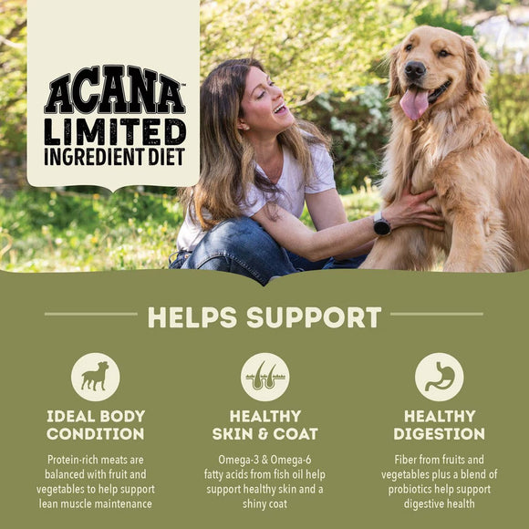 Woman petting a dog with Acana Limited Ingredient Diet text and benefits listed.