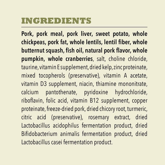 List of ingredients for a pet food product on a beige background
