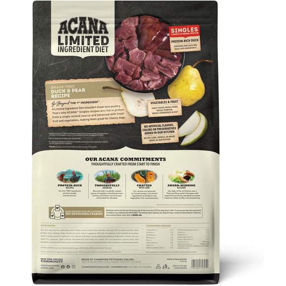 Acana Limited Ingredient Diet pet food package with duck and pear on a white background