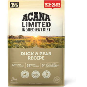 Acana Limited Ingredient Diet duck & pear recipe package with a scenic background
