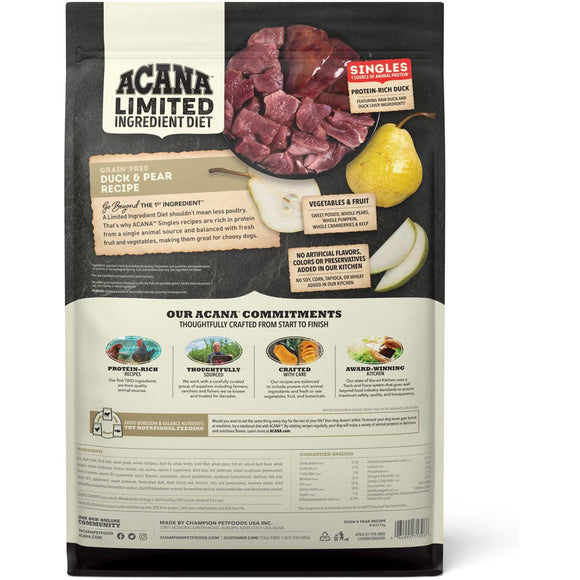 Acana Limited Ingredient Diet dog food package with duck and pear on a white background