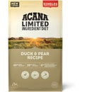 Acana Limited Ingredient Diet duck & pear recipe dog food package on a white background