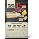 Acana Limited Ingredient Diet dog food package with duck, pear, and beef on a black background