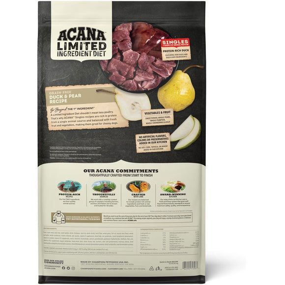 Acana Limited Ingredient Diet dog food package with duck, pear, and beef on a black background