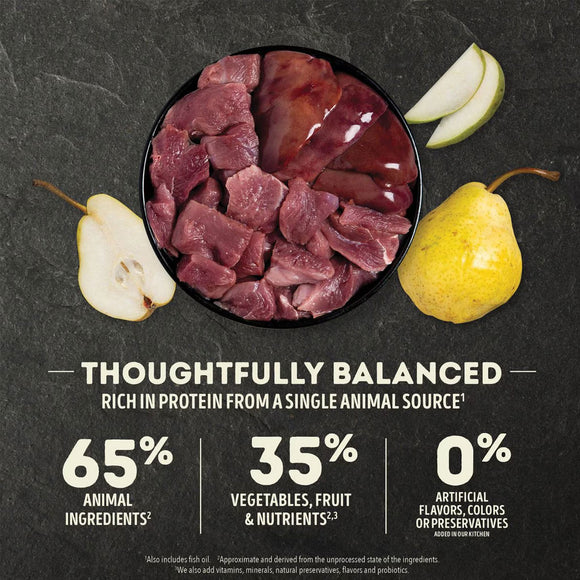 Raw meat in a bowl with pears on a dark background, featuring nutritional information.