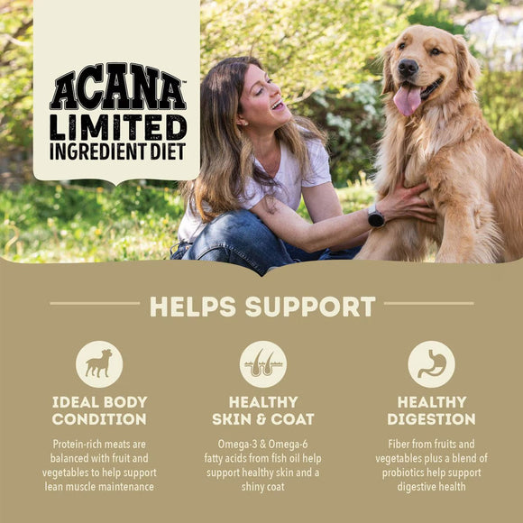 Woman petting a dog with text about Acana Limited Ingredient Diet benefits