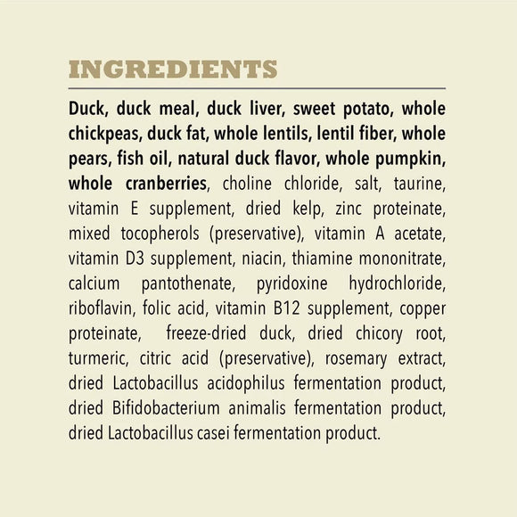 List of ingredients for a pet food product on a beige background