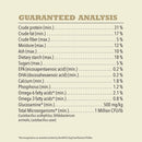Guaranteed analysis chart for a pet food product on a beige background